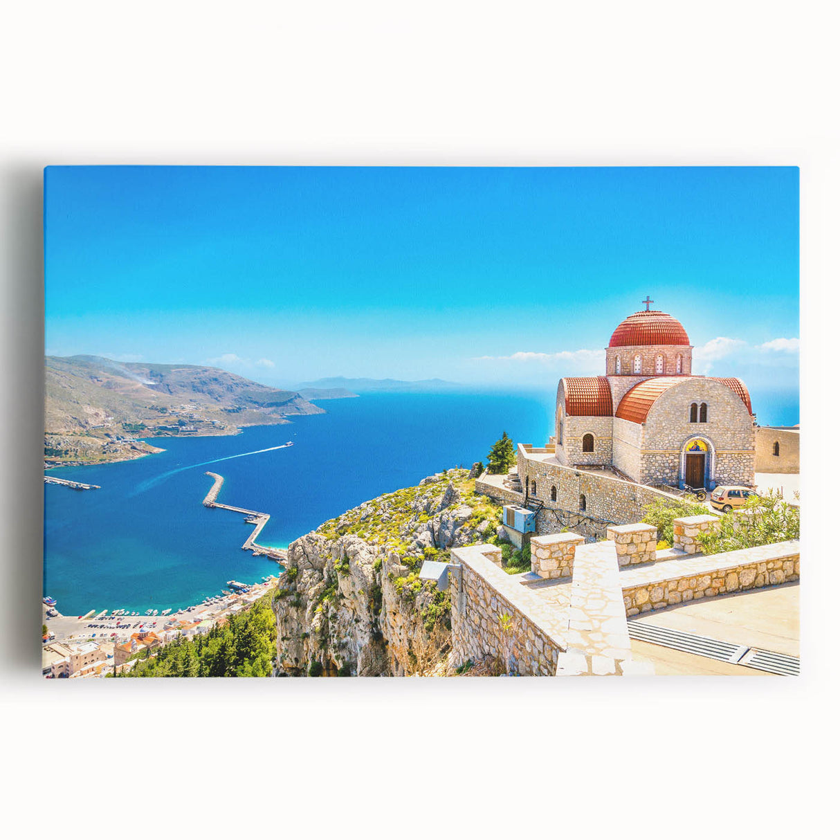 Black and white large art print of Rhodes, Greece on stretched canvas, ideal for kitchen wall art.