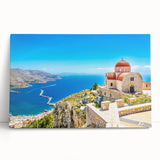 Black and white stretched canvas of Rhodes, Greece, ideal for kitchen wall art.