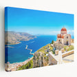 Large art of Rhodes, Greece landscape on stretched canvas, featuring blues and whites, ideal for kitchen wall art.