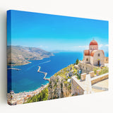 Large art of Rhodes, Greece landscape on stretched canvas, featuring blues and whites, ideal for kitchen wall art.