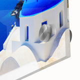 Acrylic print of a large abstract depiction of Santorini with vibrant blue and white tones, ideal for dining room art.