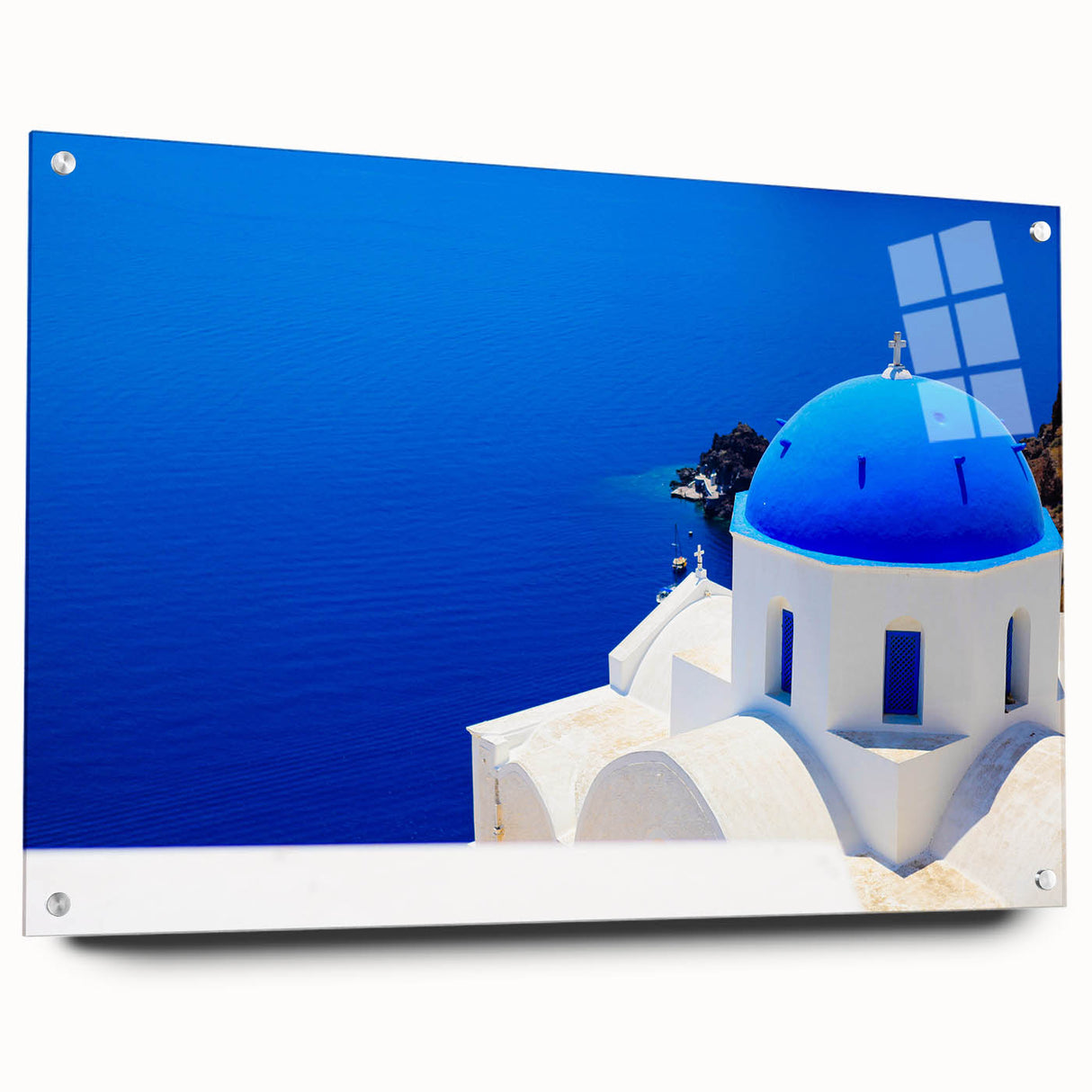 Acrylic print of Santorini landscape with vivid blue and white tones, ideal for bedroom or dining room decor.