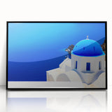 Large abstract wall art of Santorini, Greece in muted blue and white tones on a framed acrylic.