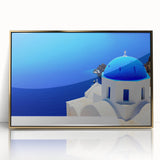 Art deco poster of Santorini landscape with blue and white tones on framed acrylic, ideal for modern art wall decor.