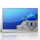 Mid-century modernist art of Santorini landscape in acrylic, framed, with pastel blue and white tones.