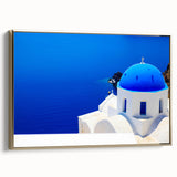 Extra large framed canvas of a textured Santorini scenery in black with colorful highlights, ideal for living room decor.