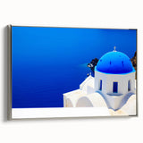Framed canvas depicting a vintage-style Santorini landscape in black and white, ideal for bedroom wall art.