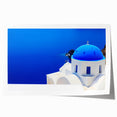 Scenic Santorini landscape on rolled print, featuring vibrant blue and white tones, ideal for dining room decor.
