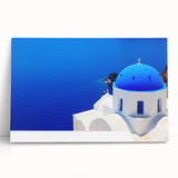 Black and white photograph of Santorini on stretched canvas, ideal for kitchen wall art.