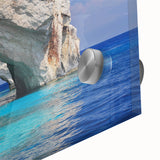 Acrylic print of a large abstract depiction of a Greek landscape in mid-century modernist style, suited for dining room art.