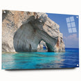 Acrylic print of a European Greek landscape in muted earth tones, ideal for dining room decor.