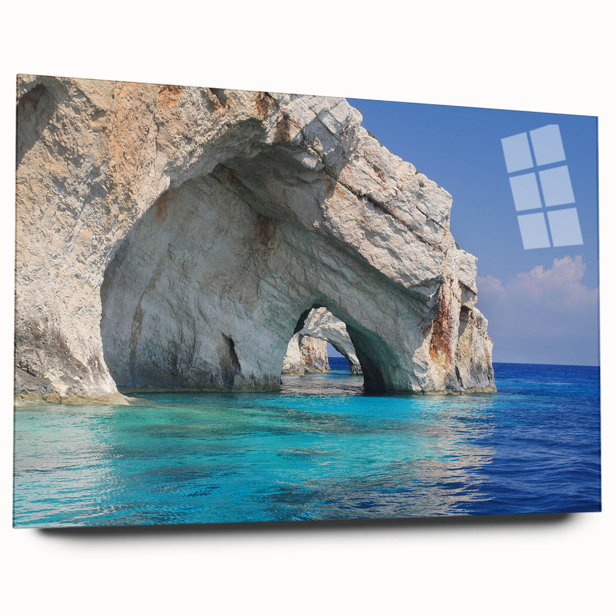Acrylic print of a large abstract depiction of a European scenery in Greece, with muted earth tones.