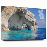 Acrylic print of a large abstract depiction of a European scenery in Greece, with muted earth tones.