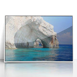 Mid-century modernist art depicting a serene Greek landscape in muted blue and white tones, acrylic print framed in white.