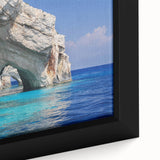 Black wall art featuring a textured depiction of a Greek landscape in colorful art style, framed canvas.
