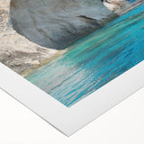 Art deco poster of a European Greek scenery in muted blue and white tones on rolled canvas.