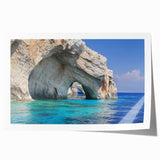 Rolled print of a Greek landscape with vibrant blues and whites, ideal for art wall dining room.