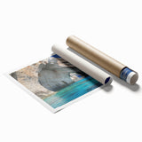 Rolled print of a Greek landscape with vibrant blue and white tones, ideal for classy bathroom wall art.