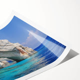 Extra large wall art featuring line art flowers over a scenic Greek landscape on rolled print.