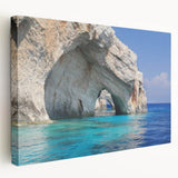 Landscape painting of a serene Greek village on a stretched canvas, depicted in soft earth tones, ideal for kitchen wall art.