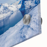 Large abstract wall art depicting a Greenlandic landscape in muted green and blue tones, acrylic glass.