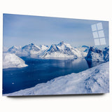 Large abstract wall art of a Greenland scenery on acrylic glass, featuring muted green and blue tones.