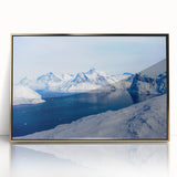 Acrylic print of a European Greenland landscape in muted green and gold tones, framed in gold.