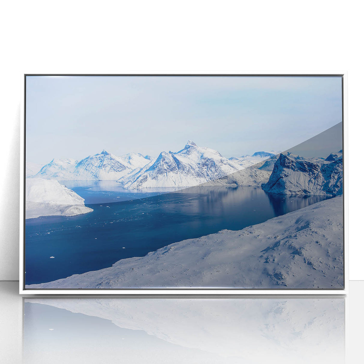 Mid-century modernist art depicting a serene Greenland landscape in muted green and white tones, framed acrylic print.