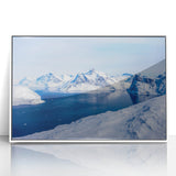 Mid-century modernist art depicting a serene Greenland landscape in muted green and white tones, framed acrylic print.