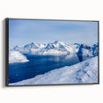 Black and white framed canvas of a Greenland landscape, featuring muted tones, ideal for bedroom wall decor.