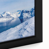 Close-up of black wall art featuring textured, colorful European Greenland scenery on a framed canvas.