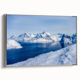 Framed canvas landscape art painting depicting a vintage Greenland scenery in muted green and black tones.