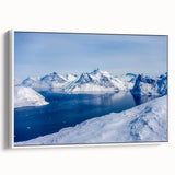 Vintage poster art of a Greenland landscape on framed canvas, featuring muted green and white tones.