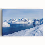 Black and white photograph of a Greenland landscape on stretched canvas, ideal for kitchen wall art.