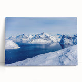 Large black and white photograph of a Greenlandic landscape on stretched canvas, ideal for kitchen wall art.