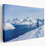 Greenland scenic landscape on large stretched canvas featuring muted green and blue tones, ideal for kitchen wall art.