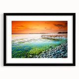 Extra large abstract art print featuring a colorful, textured depiction of a European scenery on a black framed canvas.