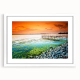 Textured abstract art print of a European scenery in muted earth tones on a white framed mat, ideal for bedroom art.