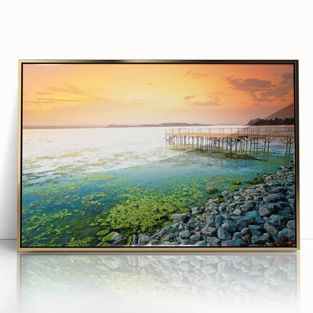 Art deco poster of a European scenery in Hungary, framed in gold acrylic, ideal for modern art wall decor.