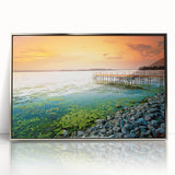 Large art print of a serene Hungarian landscape in muted earth tones on a silver-framed acrylic.