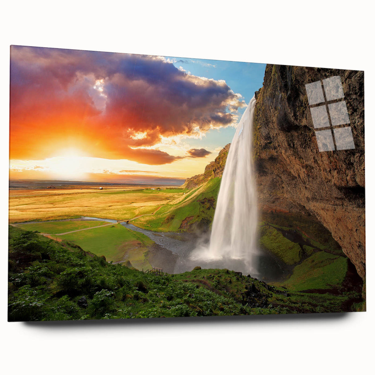 Large abstract depiction of an Icelandic landscape in muted blue and green tones on acrylic glass.