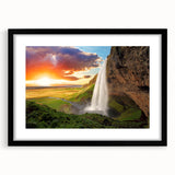 Extra large abstract art print of a colorful Icelandic landscape on a textured canvas, framed in black.