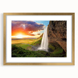 Abstract art print of a European scenery in Iceland, featuring muted earth tones on a framed gold mat.