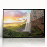 Large abstract wall art depicting a serene Icelandic landscape in muted earth tones, framed in black acrylic.