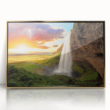 Framed acrylic print of a European Icelandic landscape in muted earth tones, ideal for modern art wall decor.