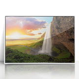 Mid-century modernist art of an Icelandic landscape in muted blue and white tones on a framed acrylic.