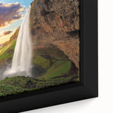 Black wall art featuring a textured Icelandic landscape in vibrant colors on framed canvas, ideal for living room decor.
