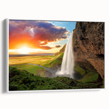 Vintage poster art featuring a scenic Iceland landscape in colorful hues on a large framed canvas.