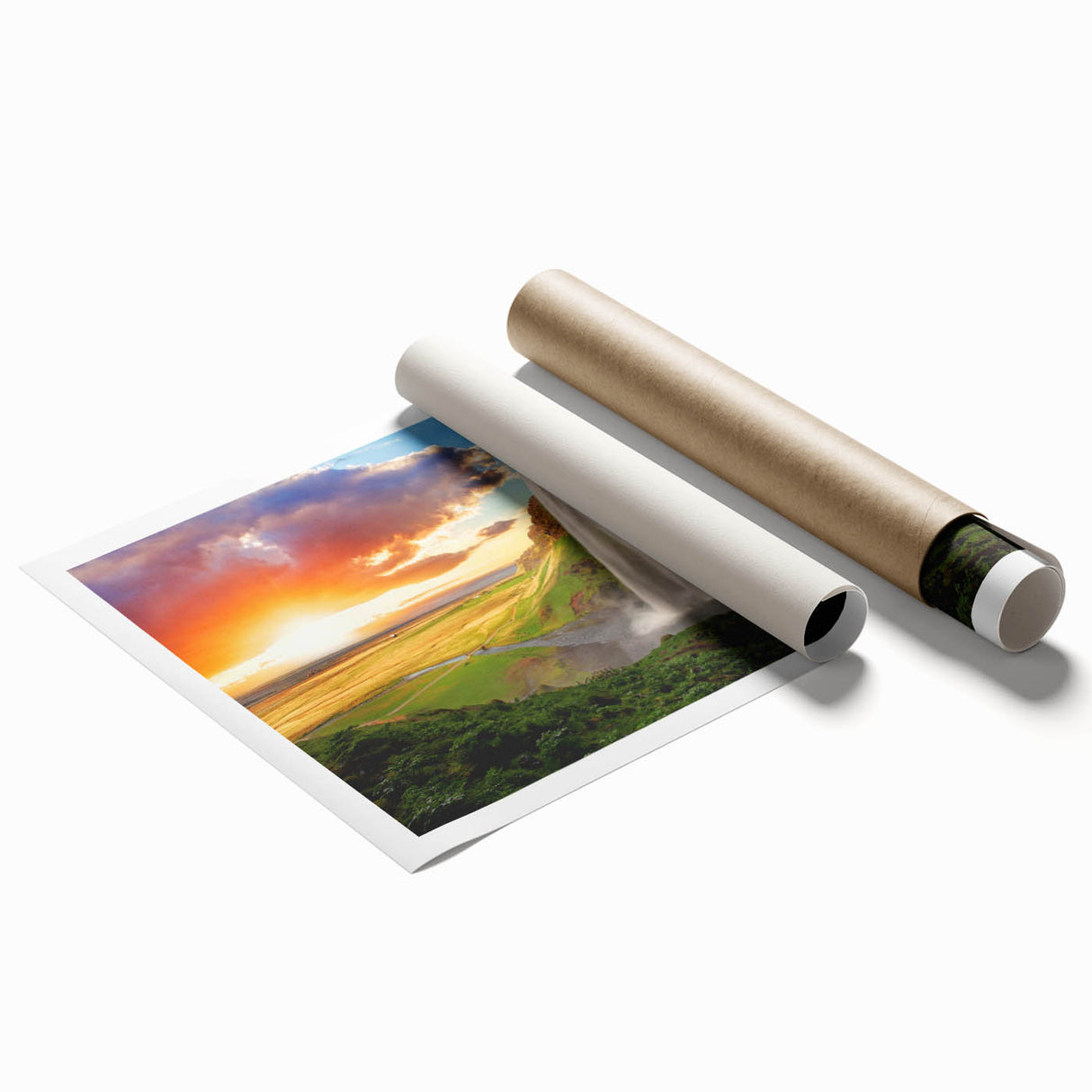 Extra large rolled print featuring a serene Icelandic landscape with muted earth tones, ideal for classy bathroom wall art.
