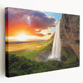 Icelandic landscape with waterfalls on stretched canvas, featuring cool blue and green tones, ideal for kitchen wall art.